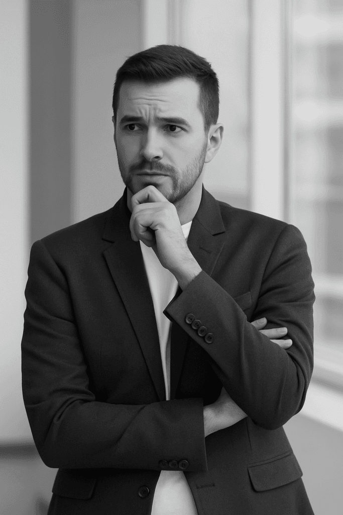 Hombre joven en una oficina, con expresión pensativa y gesto de atención, vestido con blazer oscuro.