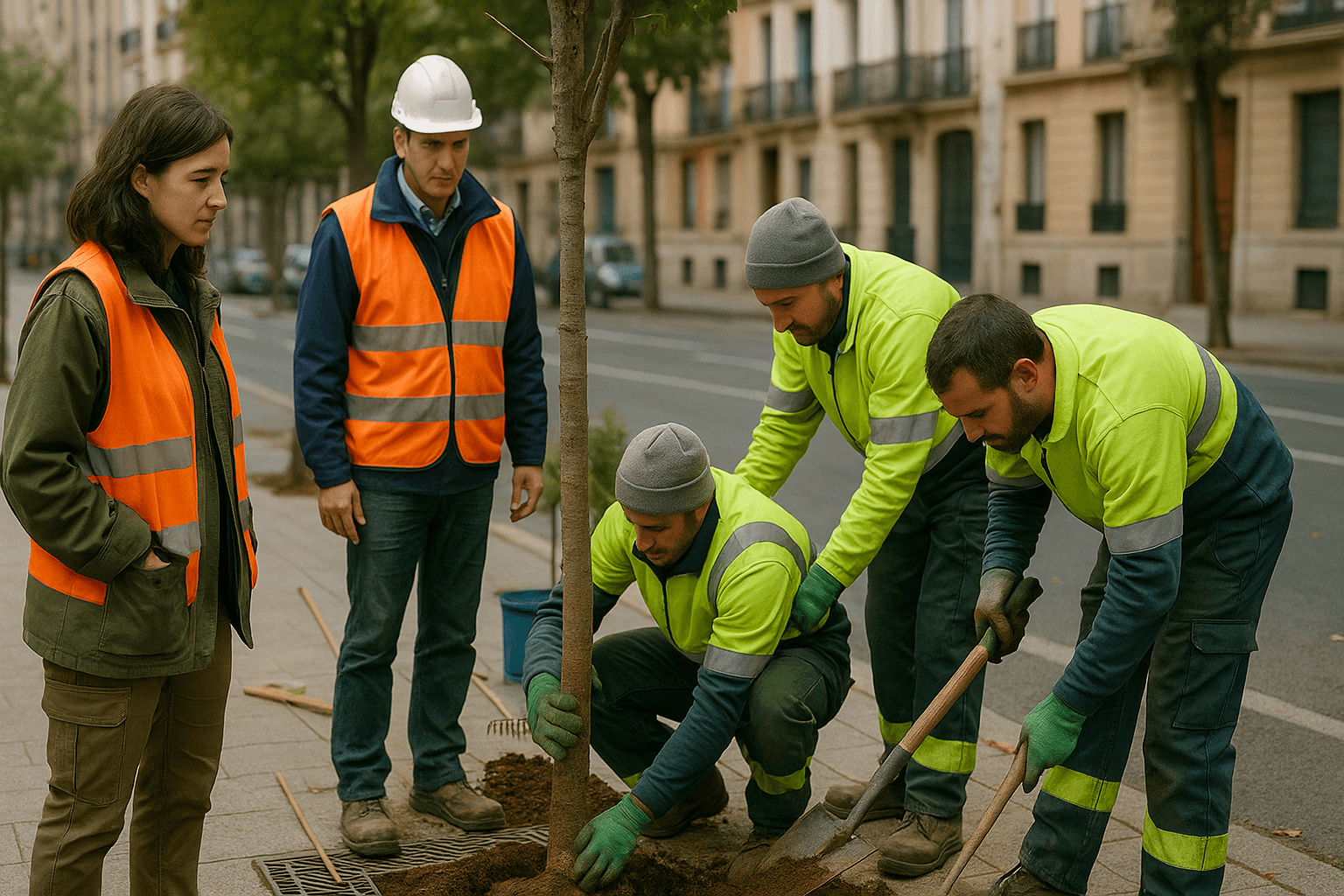Operarios pantando árboles