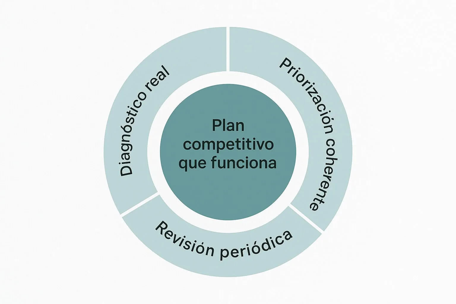 Diagrama: plan competitivo que funciona con Diagnóstico real, Priorización coherente y Revisión periódica