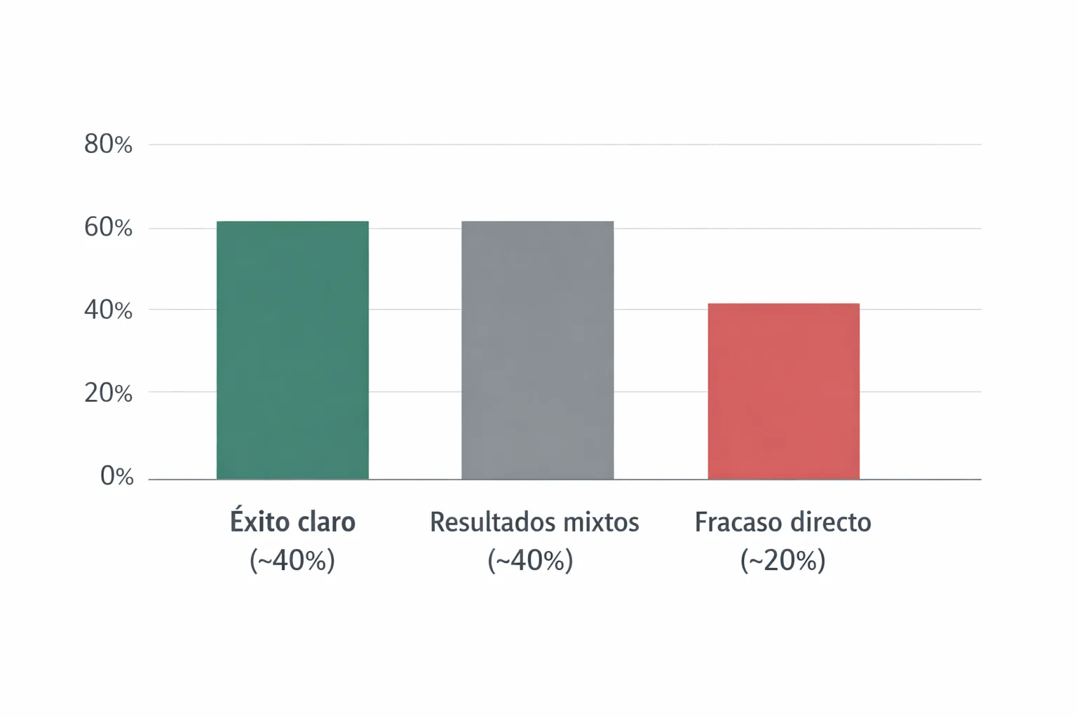 Distribución típica de resultados de proyectos: éxito claro, resultados mixtos y fracaso directo