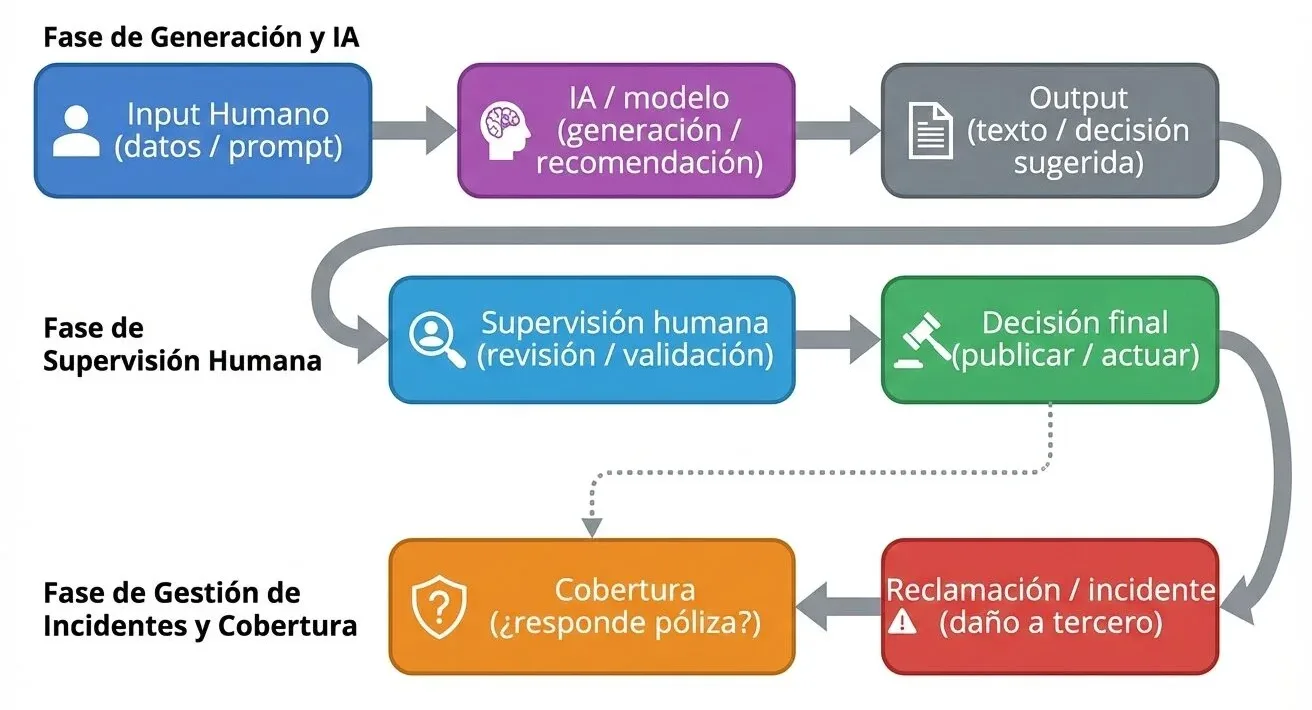 Cadena de riesgo empresarial: input humano, IA, output, revisión, decisión y posible reclamación