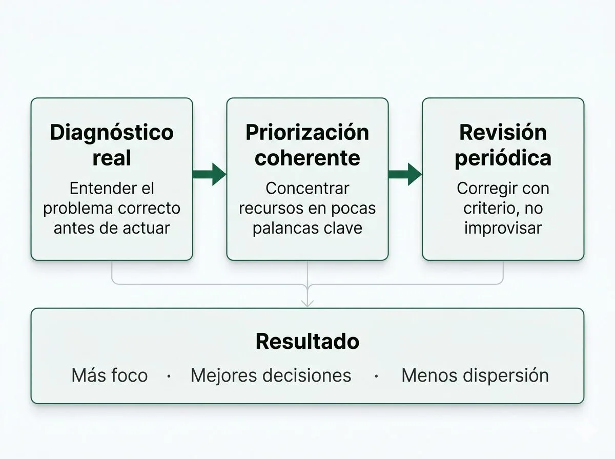 Gráfico del marco práctico de un plan de marketing eficaz: diagnóstico real, priorización coherente y revisión periódica como base para lograr más foco, mejores decisiones y menos dispersión.