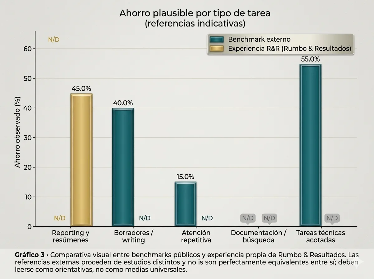 Comparativa de ahorro plausible por tipo de tarea: evidencia externa y experiencia R&R