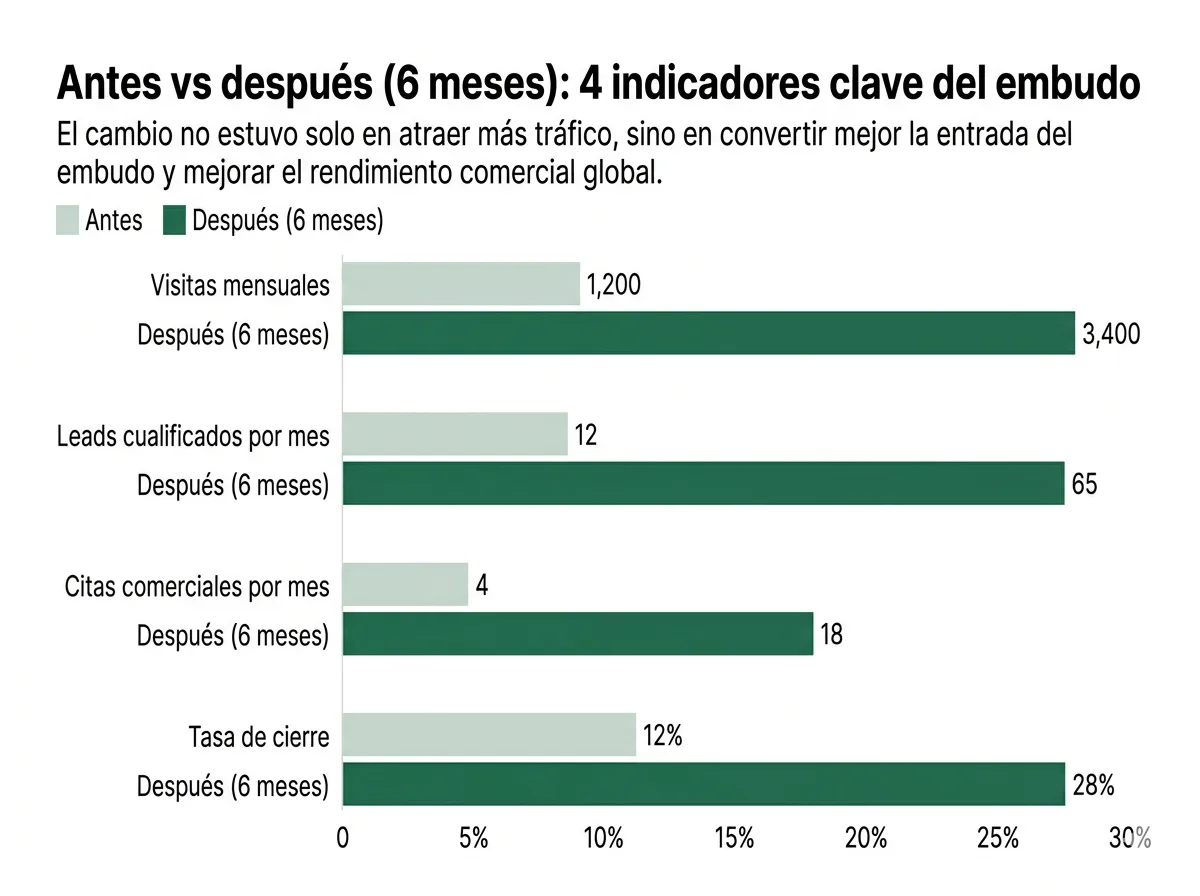 Gráfico de barras horizontales que compara antes y después a 6 meses en cuatro métricas de un embudo comercial: visitas mensuales, leads cualificados por mes, citas comerciales por mes y tasa de cierre.