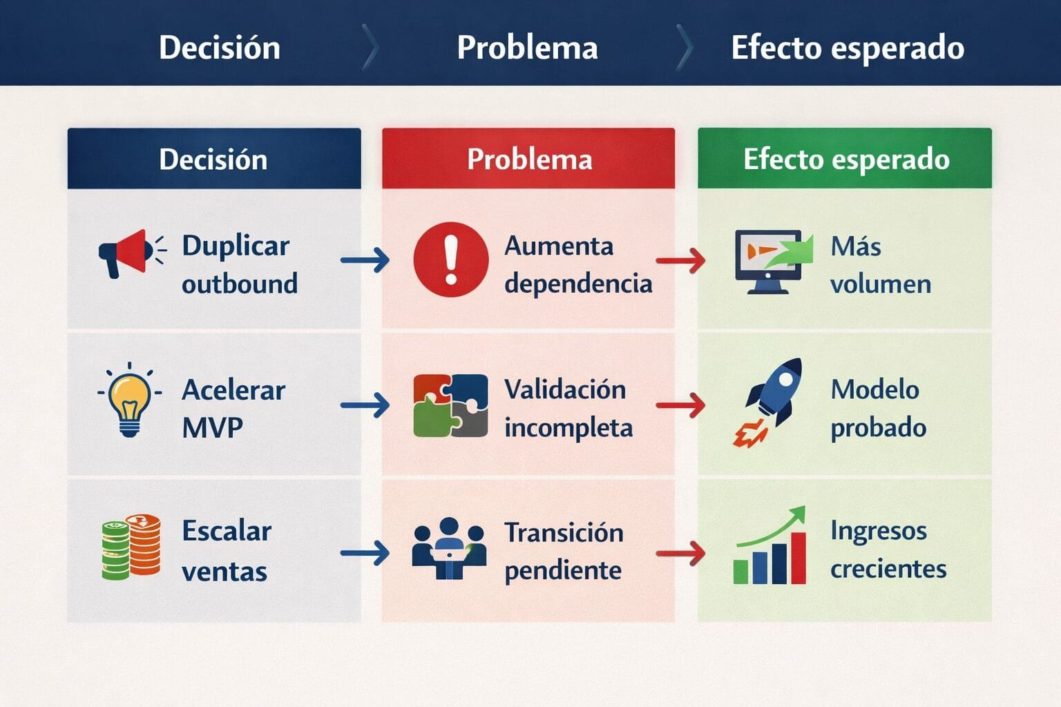 Esquema de tres decisiones estratégicas, tres problemas que abordan y tres efectos esperados en la transición de una scaleup hacia un modelo más sostenible