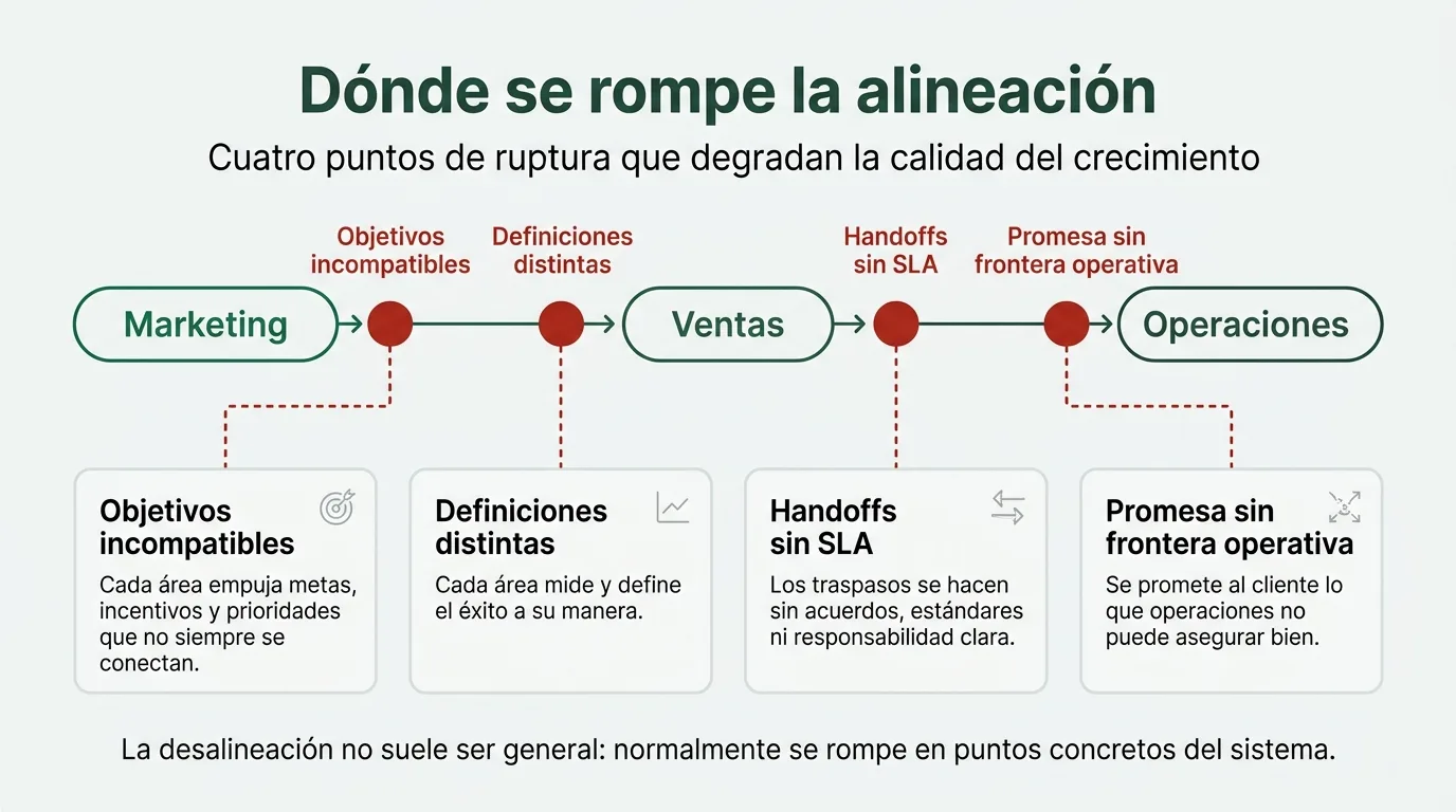 Los cuatro puntos donde se rompe la alineación entre marketing, ventas y operaciones: objetivos incompatibles, definiciones distintas, handoffs sin SLA y promesa sin frontera operativa