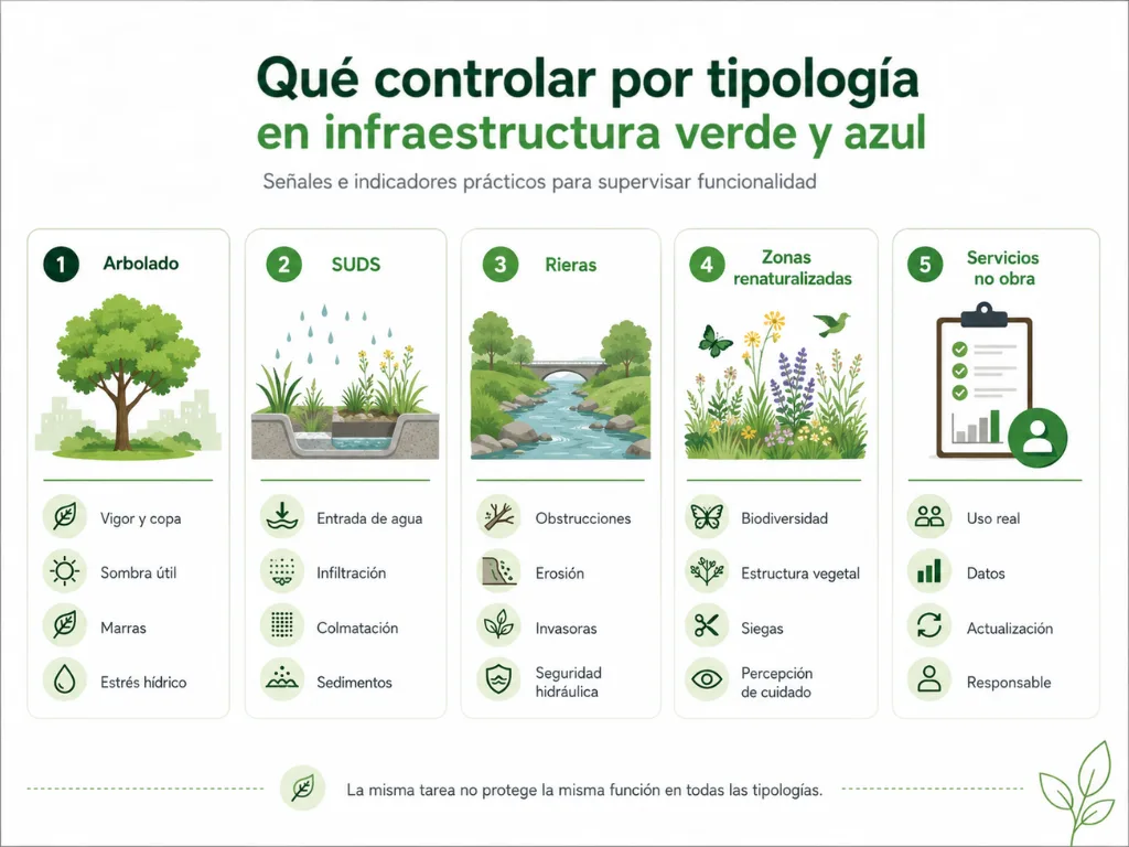 Qué controlar por tipología en infraestructura verde y azul: arbolado, SUDS, rieras, zonas renaturalizadas y servicios no obra