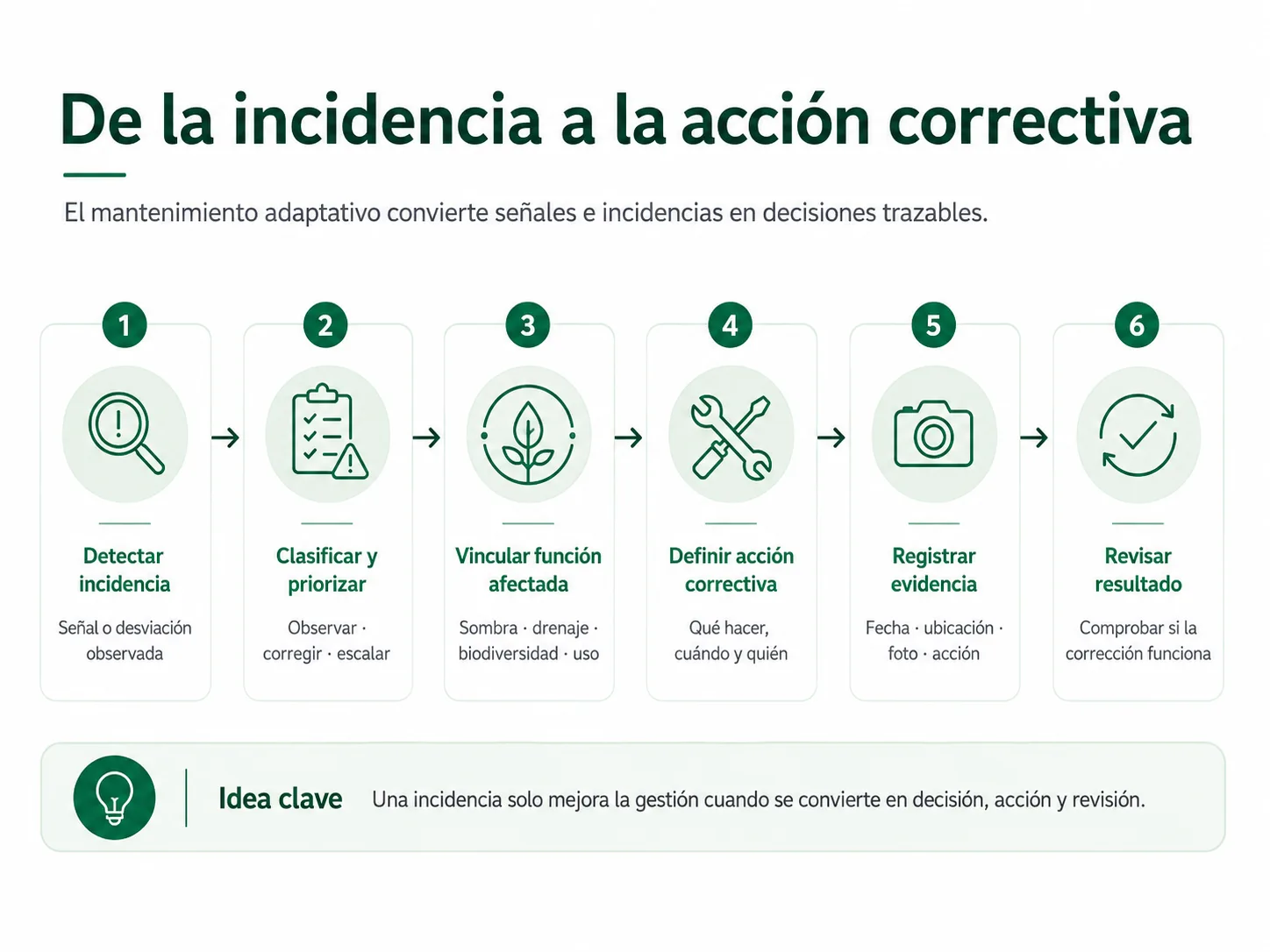 Ciclo de mantenimiento adaptativo desde detección de incidencia hasta acción correctiva, evidencia y revisión