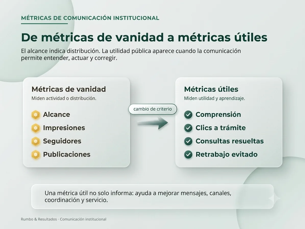 Gráfico conceptual sobre métricas de vanidad y métricas de utilidad pública en comunicación institucional