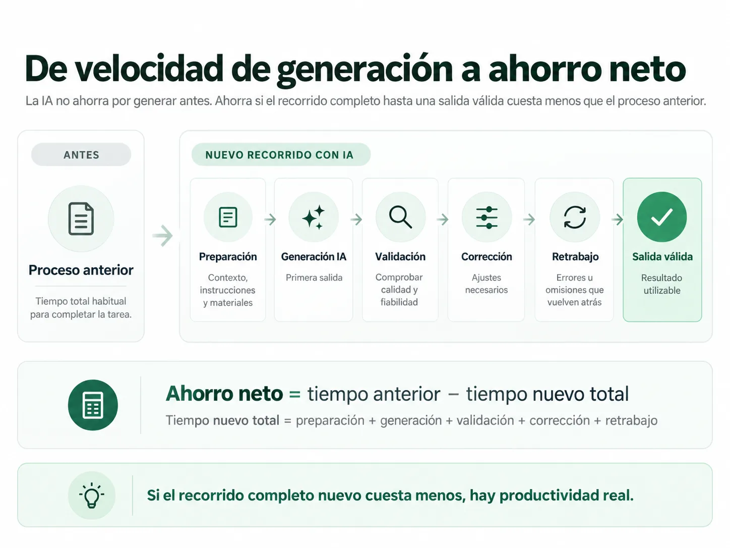 Recorrido desde la preparación de una tarea hasta una salida válida para calcular el ahorro neto con inteligencia artificial