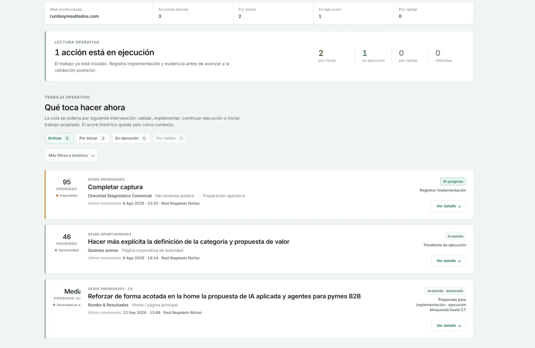 Vista ilustrativa del panel de prioridades de ORVETIA
